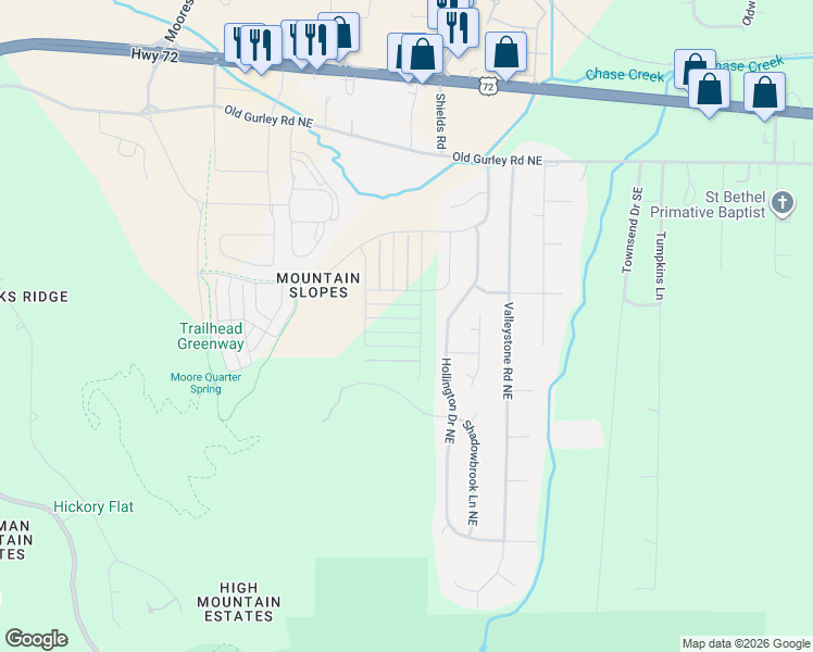 map of restaurants, bars, coffee shops, grocery stores, and more near 134 Hollington Drive Northeast in Huntsville