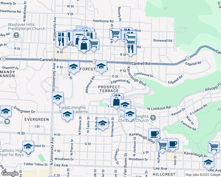 map of restaurants, bars, coffee shops, grocery stores, and more near 5241 Edgewood Road in Little Rock