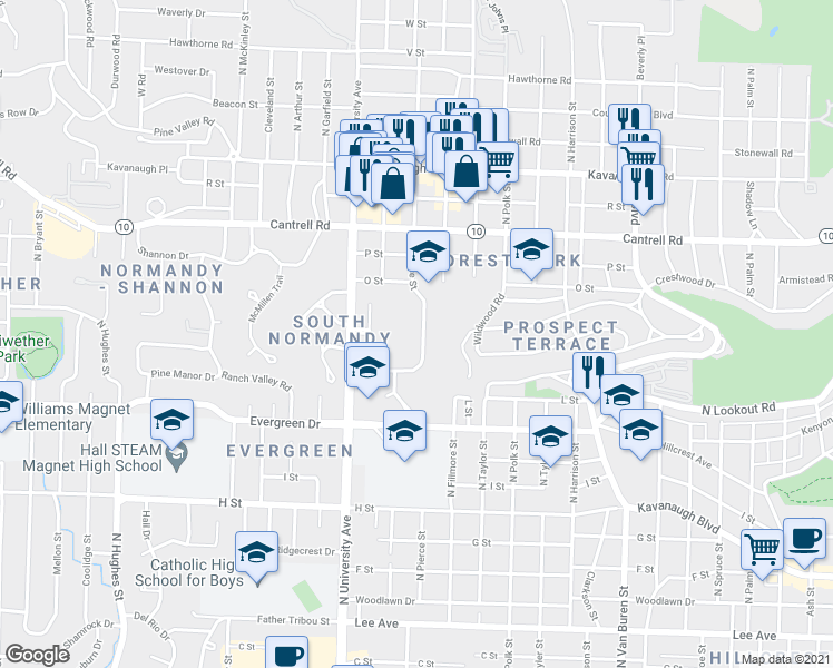 map of restaurants, bars, coffee shops, grocery stores, and more near 1402 North Pierce Street in Little Rock