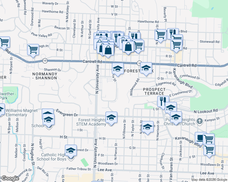 map of restaurants, bars, coffee shops, grocery stores, and more near 1402 North Pierce Street in Little Rock