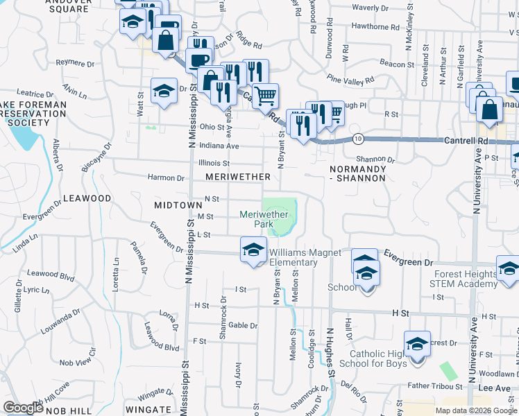 map of restaurants, bars, coffee shops, grocery stores, and more near 1623 North Hughes Street in Little Rock