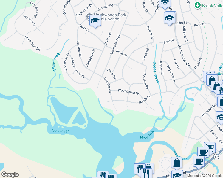 map of restaurants, bars, coffee shops, grocery stores, and more near 412 Decatur Road in Jacksonville