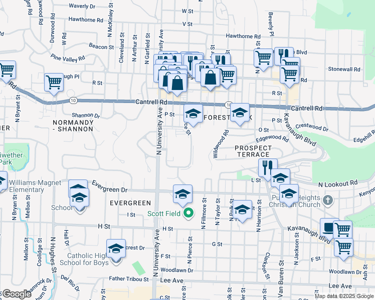map of restaurants, bars, coffee shops, grocery stores, and more near 1400 North Pierce Street in Little Rock