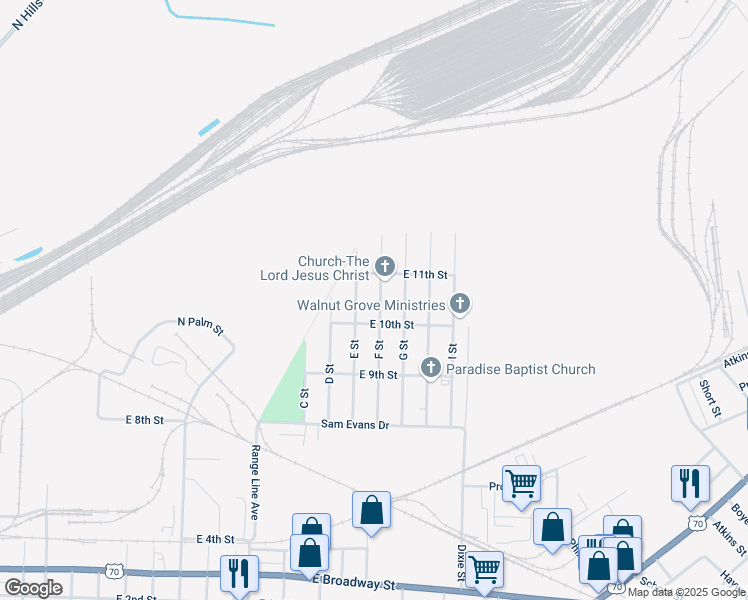 map of restaurants, bars, coffee shops, grocery stores, and more near 1011 F Street in North Little Rock