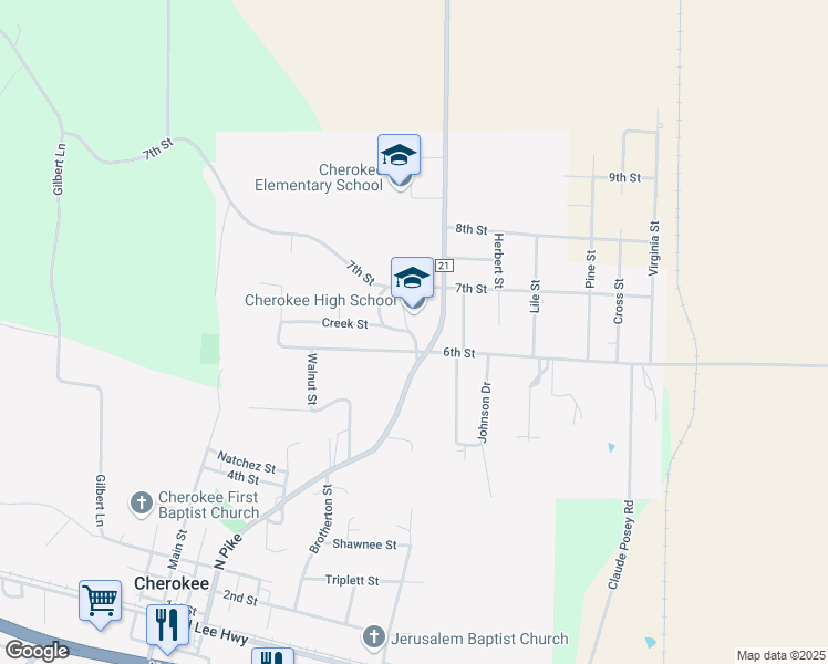 map of restaurants, bars, coffee shops, grocery stores, and more near 850 High School Drive in Cherokee