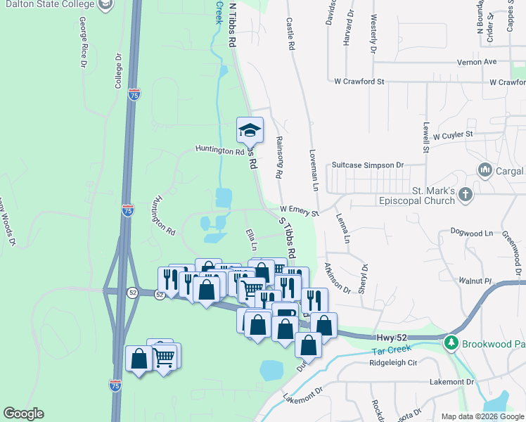 map of restaurants, bars, coffee shops, grocery stores, and more near 311 South Tibbs Road in Dalton