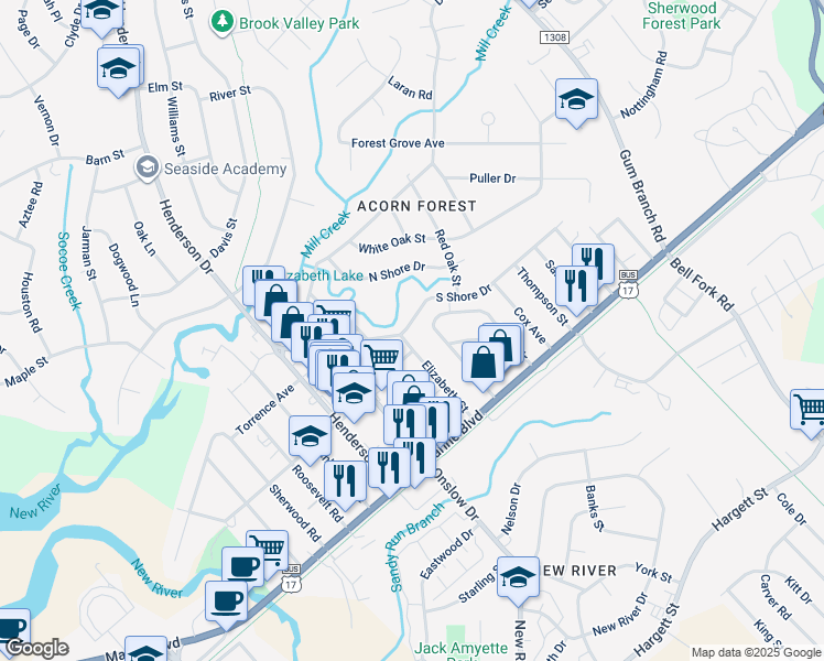 map of restaurants, bars, coffee shops, grocery stores, and more near 200 South Shore Drive in Jacksonville