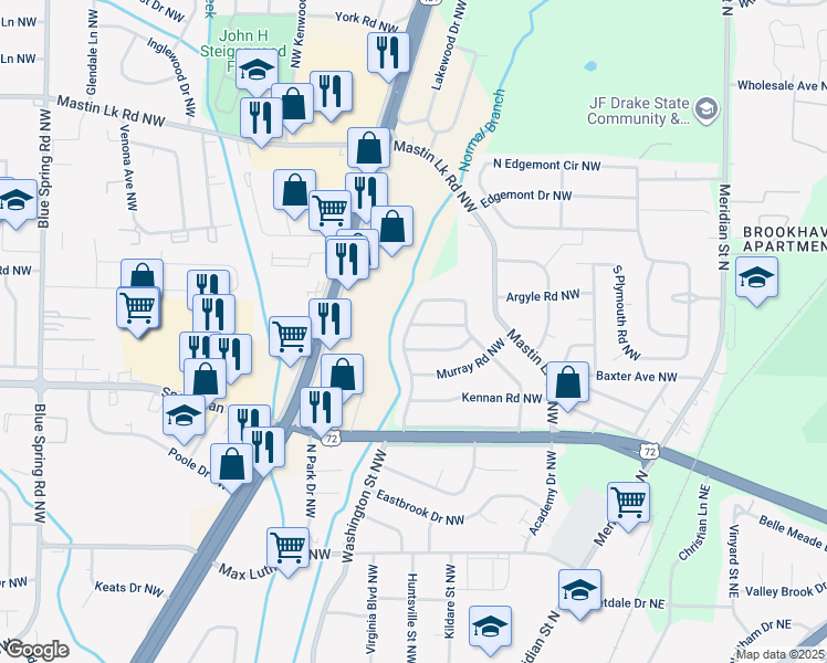 map of restaurants, bars, coffee shops, grocery stores, and more near 3051 Boswell Drive Northwest in Huntsville