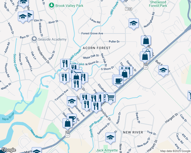 map of restaurants, bars, coffee shops, grocery stores, and more near 200 South Shore Drive in Jacksonville