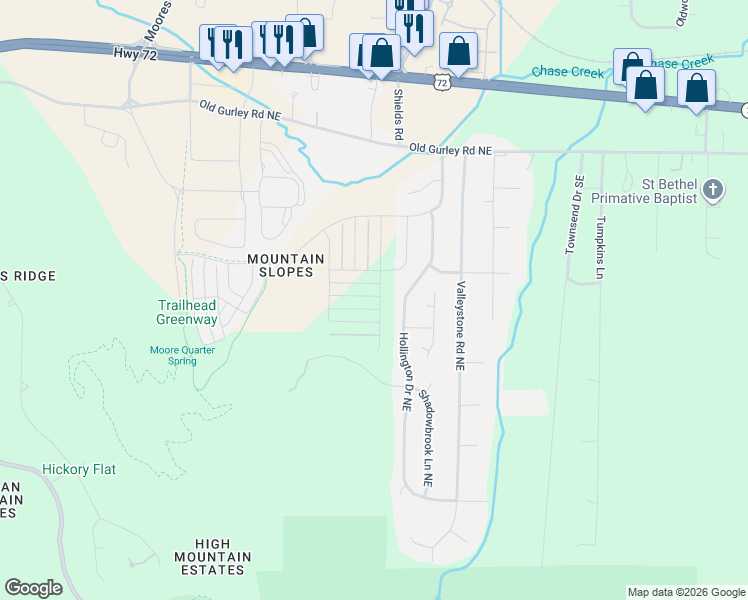map of restaurants, bars, coffee shops, grocery stores, and more near 134 Hollington Drive Northeast in Huntsville