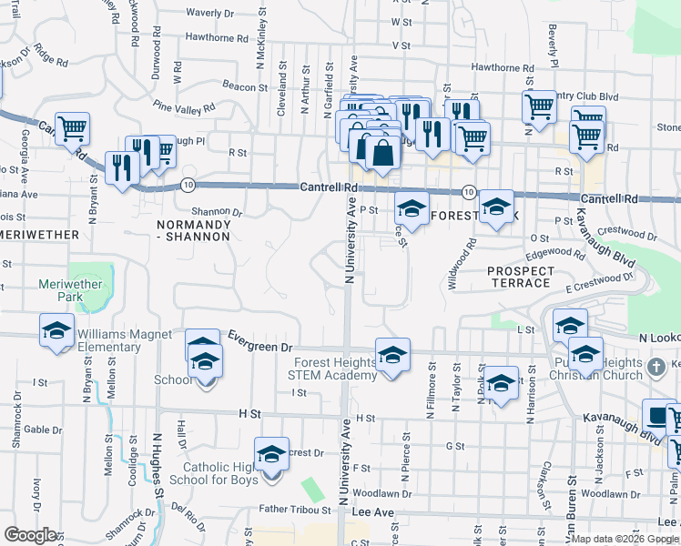 map of restaurants, bars, coffee shops, grocery stores, and more near 7 Virginia Lane in Little Rock