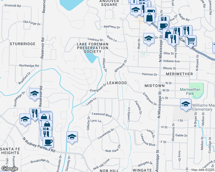 map of restaurants, bars, coffee shops, grocery stores, and more near 8204 Evergreen Drive in Little Rock