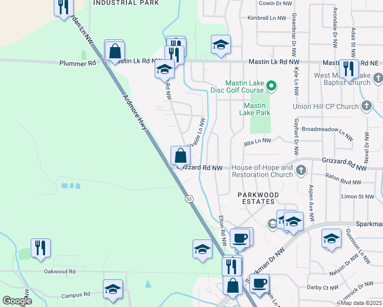 map of restaurants, bars, coffee shops, grocery stores, and more near 3206 Uvalde Lane Northwest in Huntsville