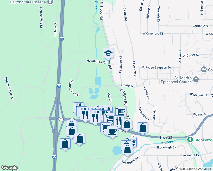 map of restaurants, bars, coffee shops, grocery stores, and more near 100 Ella Lane in Dalton