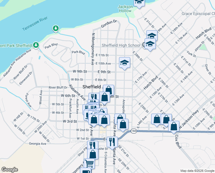 map of restaurants, bars, coffee shops, grocery stores, and more near 706 North Columbia Avenue in Sheffield