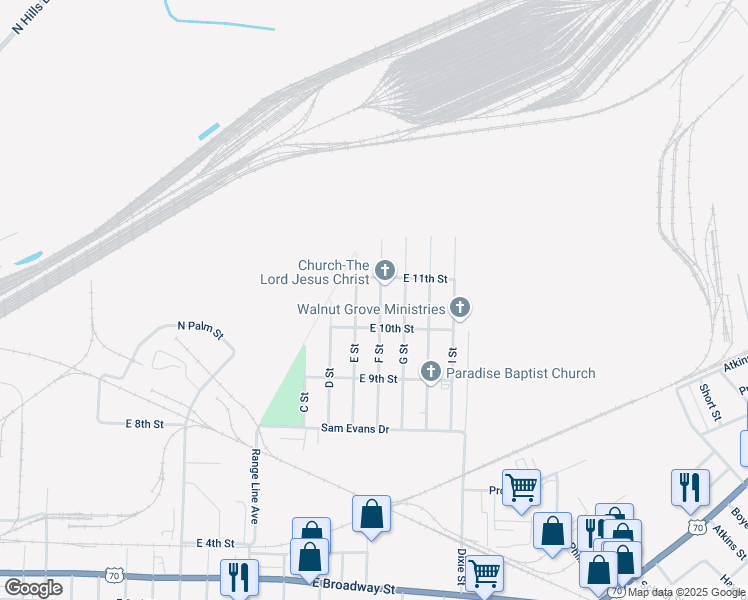 map of restaurants, bars, coffee shops, grocery stores, and more near 1018 E Street in North Little Rock