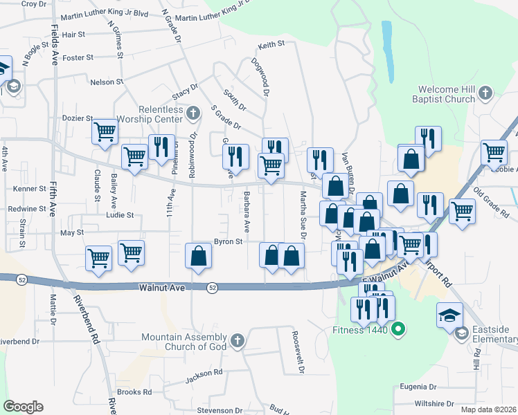 map of restaurants, bars, coffee shops, grocery stores, and more near 403 Lester Avenue in Dalton