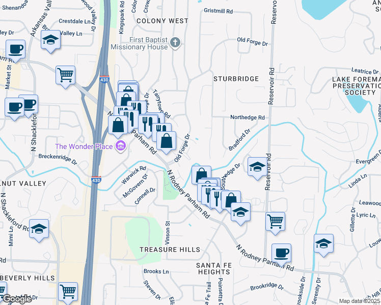 map of restaurants, bars, coffee shops, grocery stores, and more near 1400 Old Forge Drive in Little Rock