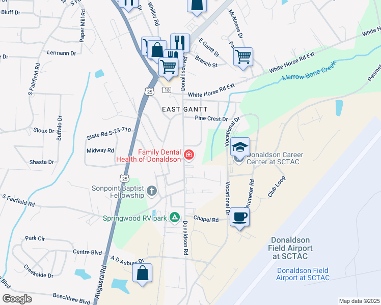 map of restaurants, bars, coffee shops, grocery stores, and more near 407 Donaldson Road in Greenville