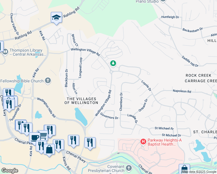 map of restaurants, bars, coffee shops, grocery stores, and more near 512 Wellington Woods Drive in Little Rock