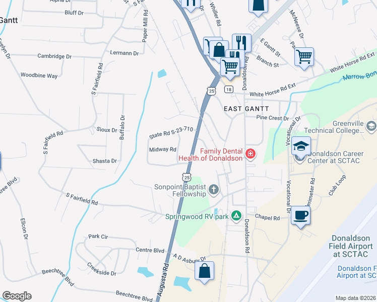 map of restaurants, bars, coffee shops, grocery stores, and more near 1 Augusta Road in Greenville