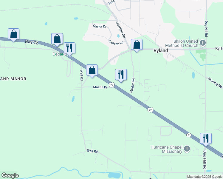 map of restaurants, bars, coffee shops, grocery stores, and more near 190 Mastin Drive in Huntsville