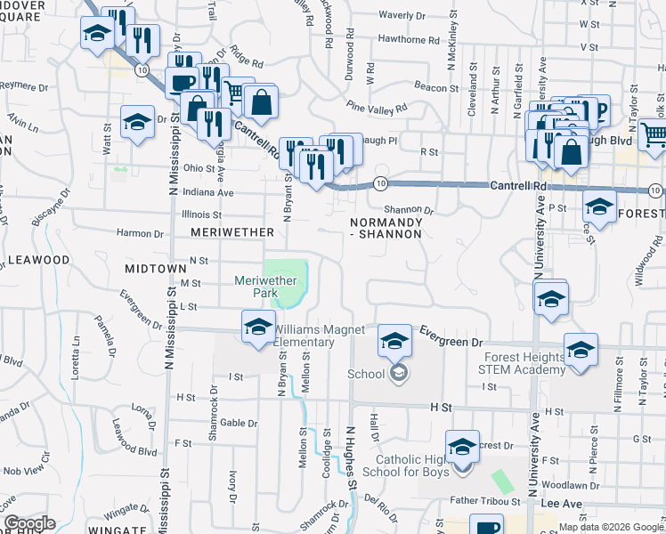map of restaurants, bars, coffee shops, grocery stores, and more near 1504 Winslow Drive in Little Rock