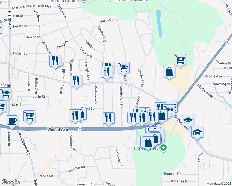 map of restaurants, bars, coffee shops, grocery stores, and more near 407 Whitener Drive in Dalton