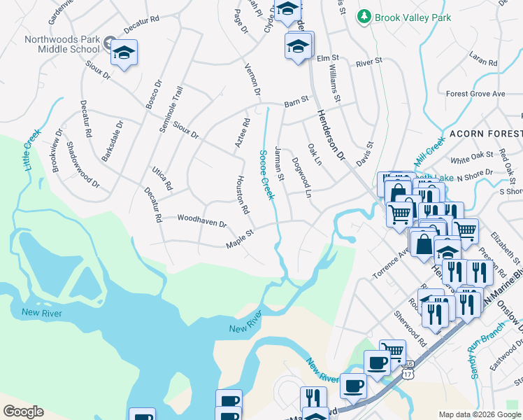 map of restaurants, bars, coffee shops, grocery stores, and more near 408 Houston Road in Jacksonville