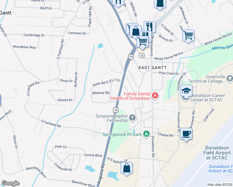 map of restaurants, bars, coffee shops, grocery stores, and more near 1 Augusta Road in Greenville