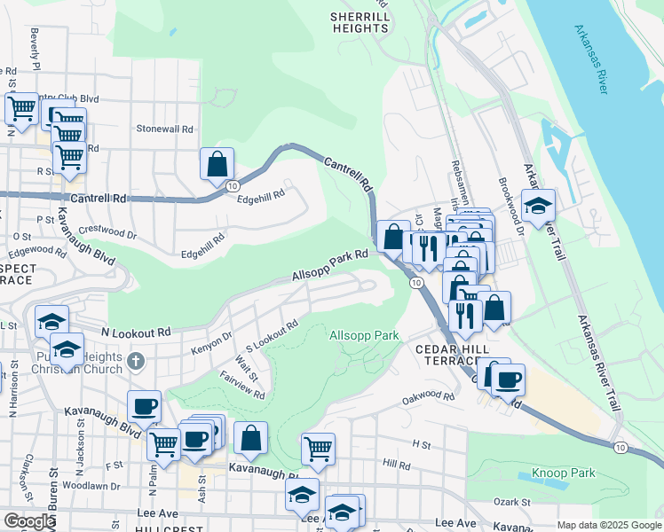 map of restaurants, bars, coffee shops, grocery stores, and more near 4014 North Lookout Drive in Little Rock