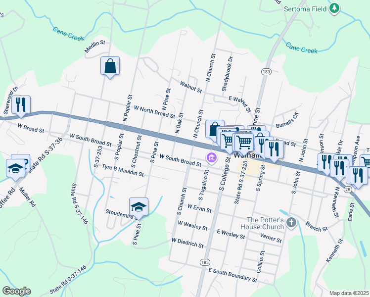 map of restaurants, bars, coffee shops, grocery stores, and more near 301 West Main Street in Walhalla