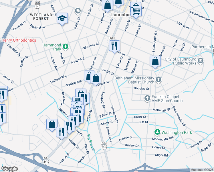 map of restaurants, bars, coffee shops, grocery stores, and more near 1006 Elizabeth Drive in Laurinburg