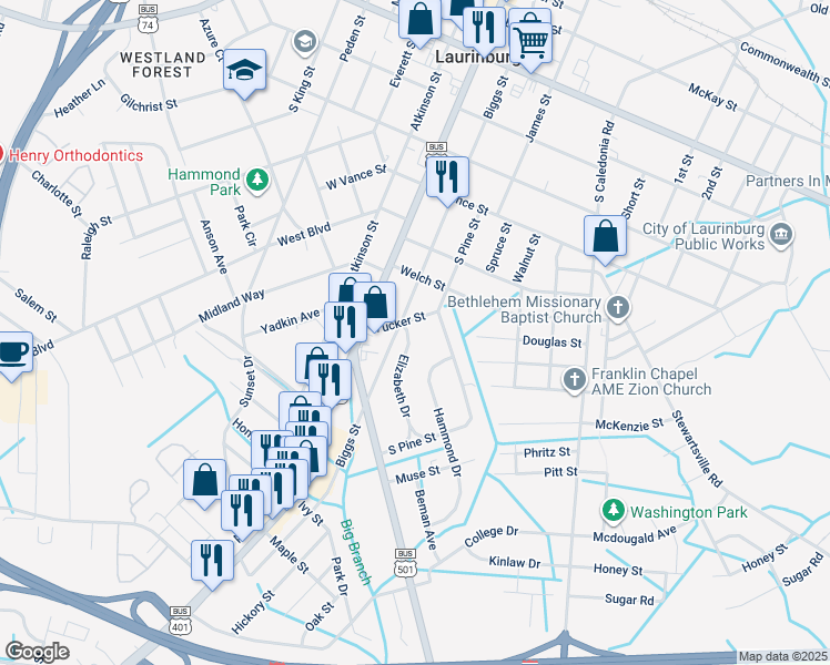 map of restaurants, bars, coffee shops, grocery stores, and more near 1006 Elizabeth Drive in Laurinburg