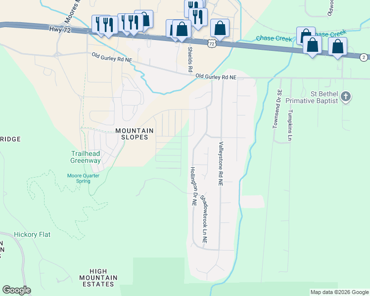 map of restaurants, bars, coffee shops, grocery stores, and more near 130 Hollington Drive Northeast in Huntsville