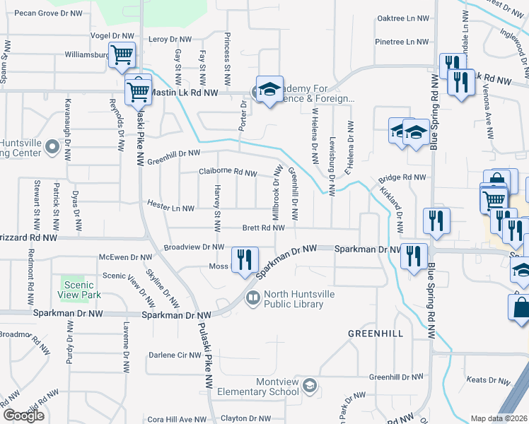 map of restaurants, bars, coffee shops, grocery stores, and more near 3130 Millbrook Drive Northwest in Huntsville