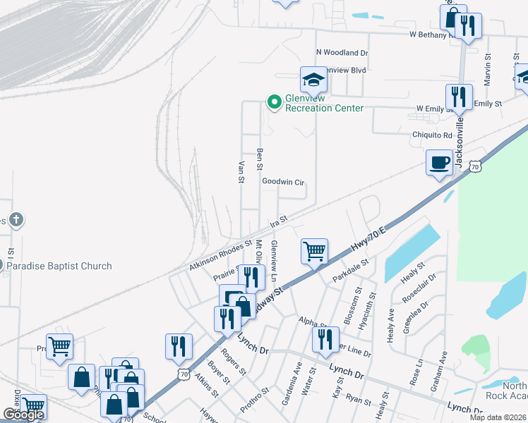 map of restaurants, bars, coffee shops, grocery stores, and more near 1411 James Street in North Little Rock
