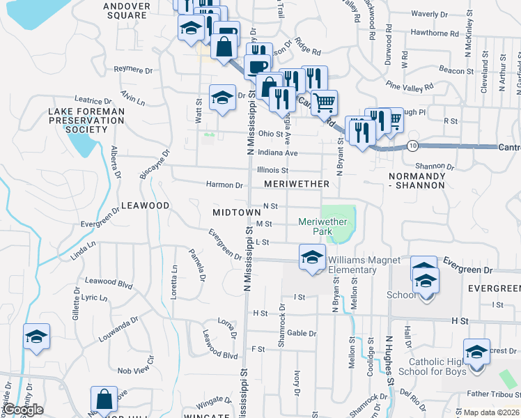 map of restaurants, bars, coffee shops, grocery stores, and more near 7520 N Street in Little Rock