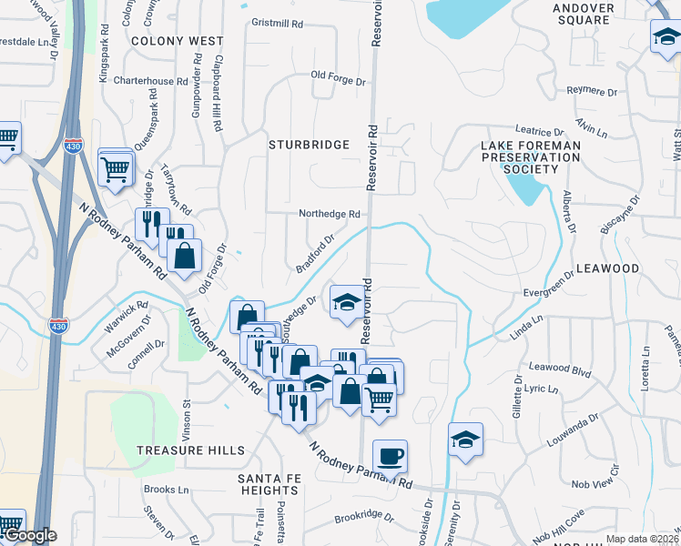 map of restaurants, bars, coffee shops, grocery stores, and more near 1500 Northwick Court in Little Rock