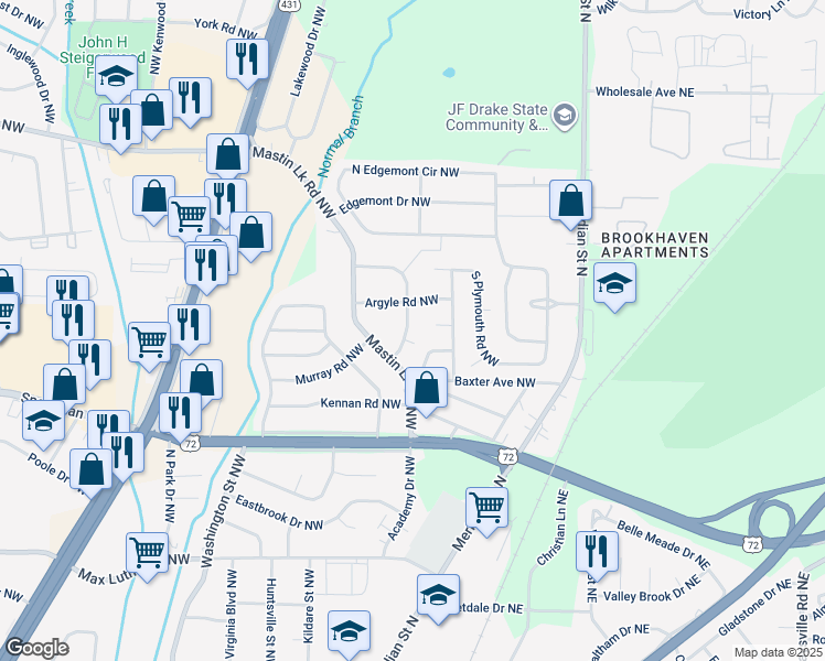 map of restaurants, bars, coffee shops, grocery stores, and more near 3108 Normandale Drive Northwest in Huntsville