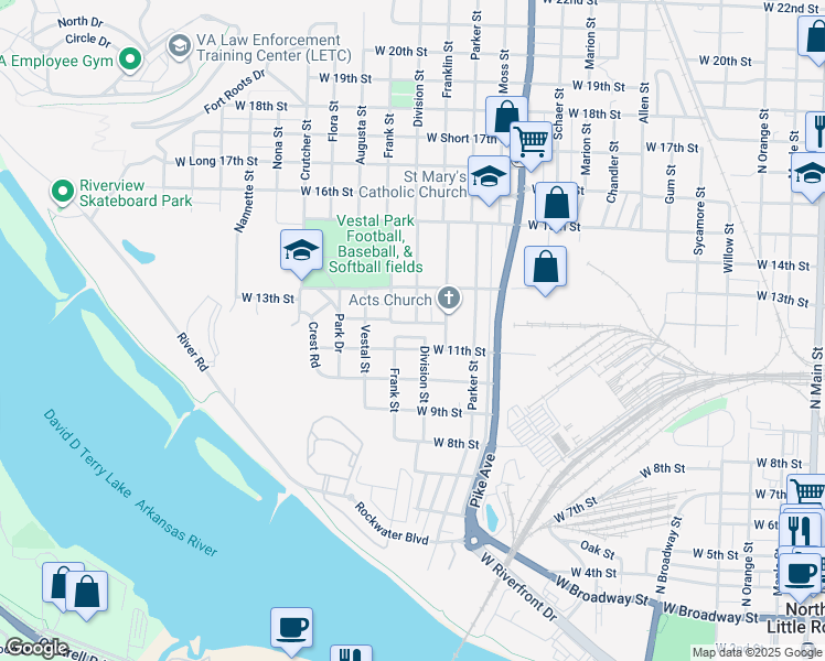 map of restaurants, bars, coffee shops, grocery stores, and more near 1322 West 12th Street in North Little Rock