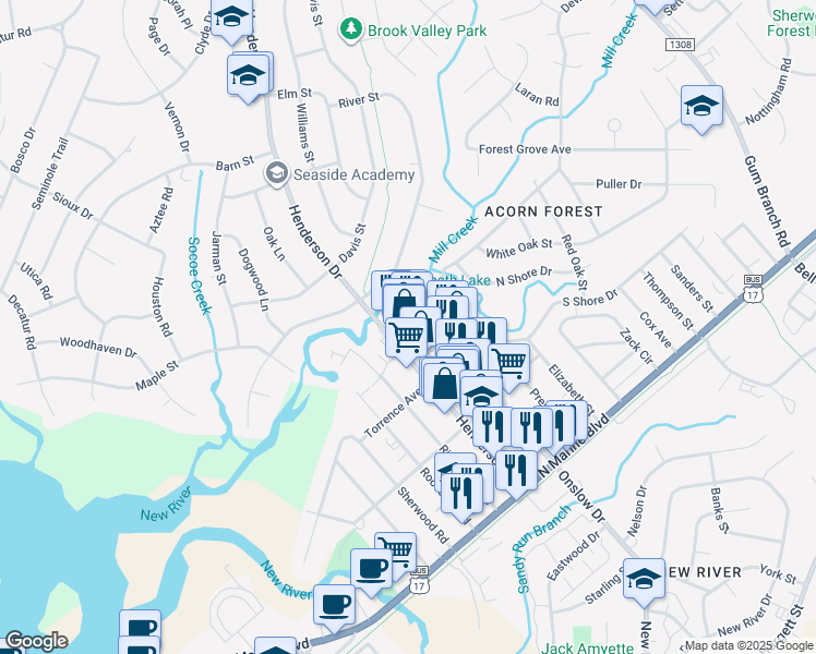 map of restaurants, bars, coffee shops, grocery stores, and more near 2586 Onslow Dr in Jacksonville