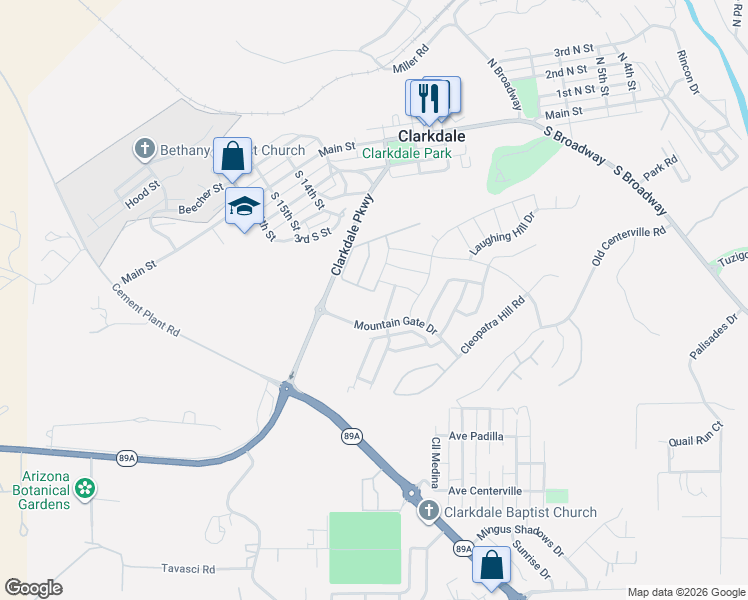 map of restaurants, bars, coffee shops, grocery stores, and more near 801 Flat Iron Road in Clarkdale