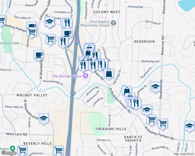 map of restaurants, bars, coffee shops, grocery stores, and more near 10115 North Rodney Parham Road in Little Rock