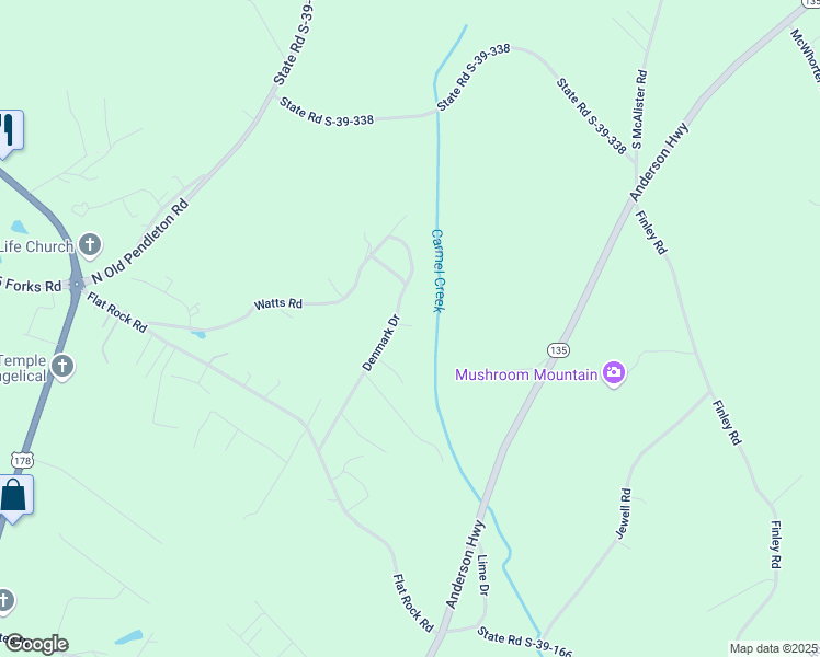map of restaurants, bars, coffee shops, grocery stores, and more near 133 Denmark Drive in Liberty