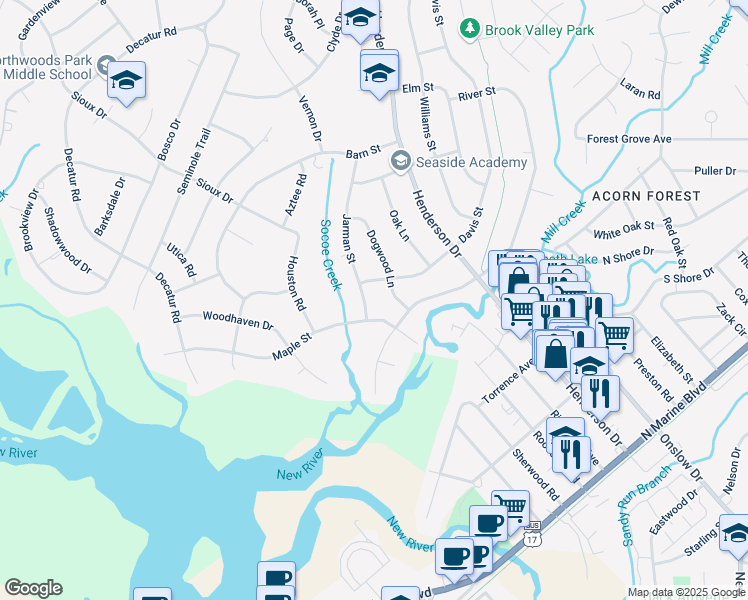 map of restaurants, bars, coffee shops, grocery stores, and more near 404 Jarman Street in Jacksonville