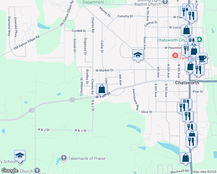 map of restaurants, bars, coffee shops, grocery stores, and more near 106 10th Ave in Chatsworth