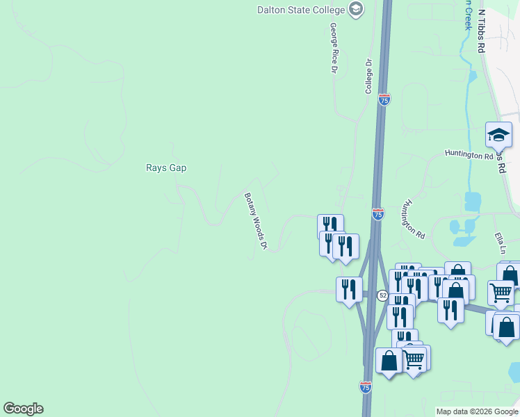 map of restaurants, bars, coffee shops, grocery stores, and more near 2403 Botany Woods Drive in Dalton