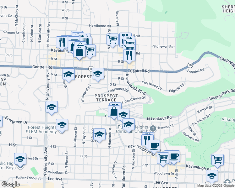 map of restaurants, bars, coffee shops, grocery stores, and more near 5206 Sherwood Road in Little Rock