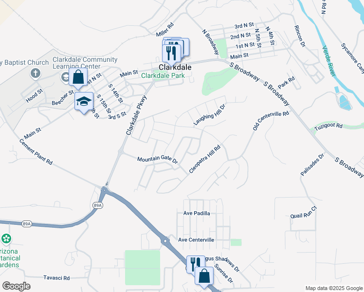 map of restaurants, bars, coffee shops, grocery stores, and more near 627 King Copper Road in Clarkdale